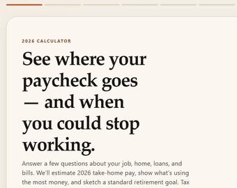 Op de afbeelding: Een digitale interface voor de Northline 2026 Calculator, met een crèmekleurige achtergrond en zwarte tekst. De kop luidt, See where your paycheck goes — and when you could stop working, gevolgd door beschrijvende tekst over financieel advies.