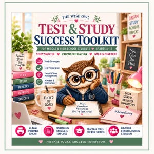 Pode incluir: Um kit educativo digital intitulado The Wise Owl Test & Study Success Toolkit para os anos 6-12. Apresenta uma coruja de óculos azuis escrevendo num caderno, rodeada de material de estudo, textos motivacionais e ícones de corações rosa.