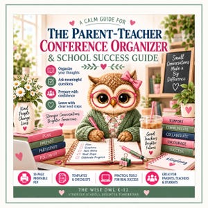 Könnte beinhalten: Ein Eltern-Lehrer-Konferenz-Organizer und Schulerfolgs-Ratgeber mit einer gezeichneten Eule, die eine rosa Brille und einen grünen Pullover trägt. Das Cover enthält Text, Checklisten und Symbole sowie gestapelte Bücher mit Beschriftungen.