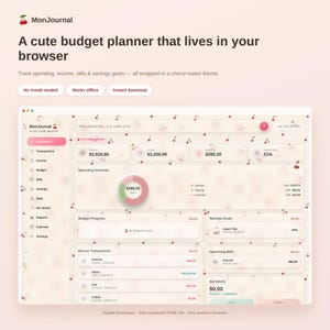 May include: A digital budget planner interface titled MonJournal featuring a light pink background with a repeating cherry pattern. The dashboard displays financial metrics, a spending overview pie chart, savings goals, and recent transactions.