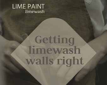 Pode incluir: Um avental castanho com o texto domeco LIME PAINT limewash, Getting limewash walls right e EVERYTHING YOU NEED TO KNOW. O avental apresenta um logótipo branco no topo e uma grande sobreposição em forma de losango com o texto central.