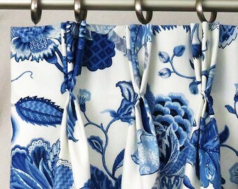 Pinch Pleat Drapes Pinch Triple Pleat Drapes Floral Blue Living Room Curtains, Window Treatments Bedroom Traverse Rod Hooks