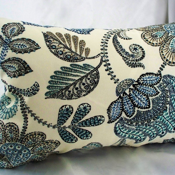Set of 2 Solarium Busan Denim Floral blue pillow covers, Blue outdoor pillow covers, Ivory Lumbar Square pillows Solarium decorative cushion