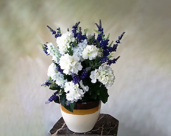 Lavender flower arrangement geranium purple white, Floral silk flowers vase decor,  Artificial fake faux centerpieces home table wedding