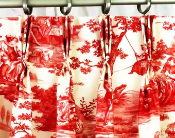 Red Toile Pinch pleat Curtains Panels, Triple Pinch Traverse Rod, Blackout Curtains & Drapes Custom Home Decor Bedroom