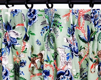 Double Pinch Pleat Curtains Drapes Floral Pattern Custom Blue Green Drapery Panel Window Treatments Sliding Glass Door Patio Living Room