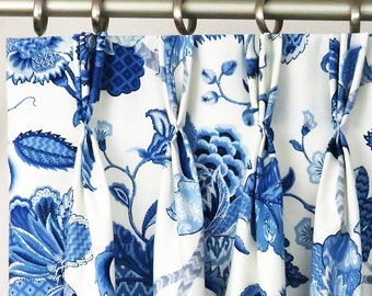 Pinch Pleat Drapes Window Treatments Floral Jacobean Blue Pleats Curtains Floral Blue Triple, Home Decor Bedroom Living Glass Door Double