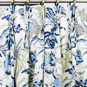 Floral Curtain Panels Blue and Ivory, Pinch Pleat Curtains, Pinch Pleat Drapes, Pleated Curtains Living Room, Drapes and Curtains Navy Cream