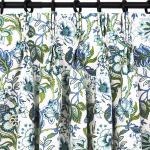 Blue and Green Floral Curtains, Set of 2 Pinch Pleat Curtains, Pinch Pleat Drapes, Paisley Flowers Navy Light Sage Living Room Bedroom Decor