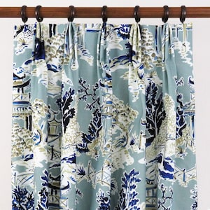 Benutzerdefinierte Pinch Plissee Vorhänge Chinoiserie Pagode Marineblau Gold Grün Weiß, Schlafzimmer Wohnzimmer Dekor Vorhänge Drapierung Paneele