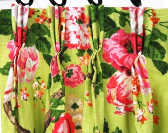 Pink Floral Curtains Pinch Pleat Green and Pink Flowers, Pinch Pleat Drapes, Pleated Curtains Custom,  Lined Window Covering Treaments Decor