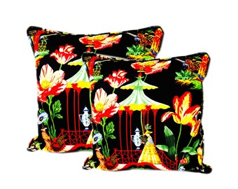 Extra Large Chinoiserie Set of 2 Throw Pillow Covers Decorative Piping Sofa Couch Decor Red Green Oriental Living Room 20" 22" 24" 26"