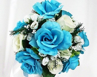 Turquoise bouquet,  Turquoise wedding , Turquoise roses, Turquoise flowers, Fake faux bridal