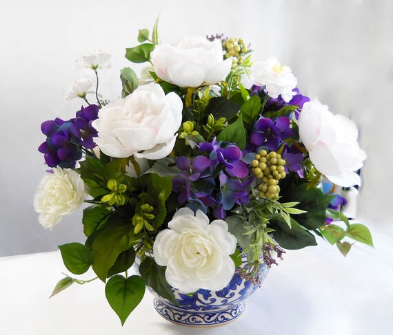 Silk Flower Arrangement Vase Roses Ivory White Lavender Purple Etsy
