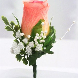 Peach silk flower, Package boutonnieres set, Wedding corsage rose, Prom orange boutonniere, Lapel flower groomsmen, Mens wedding image 2
