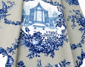 Blauwe toile draperiepanelen (paar) - zakgordijnen met bloemenstaaf, 50" breed