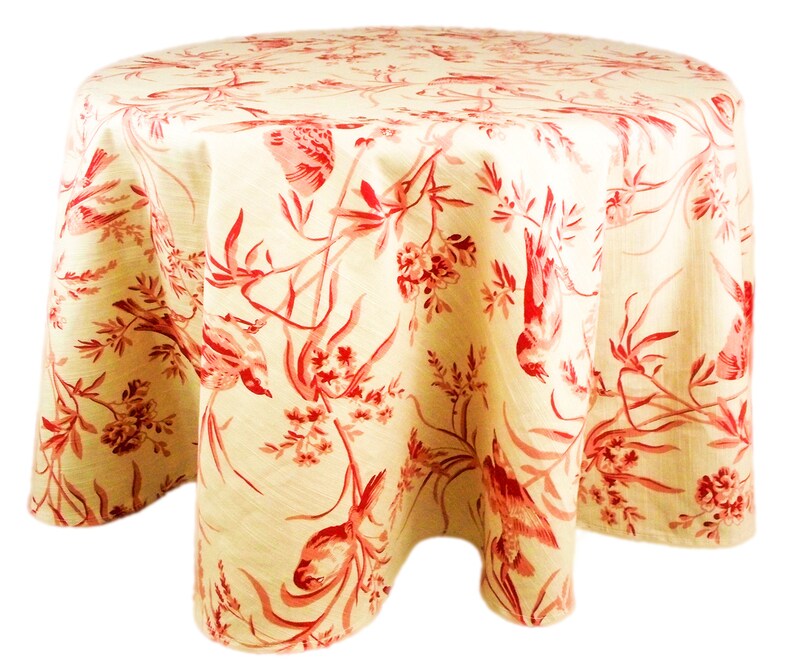 Round Tablecloth 53 Fabricut Avirary Toile Table Cloth Bird Ivory Pattern Deep Tan Cream Red Linen Rayon Table Decor Custom Dining Cloth