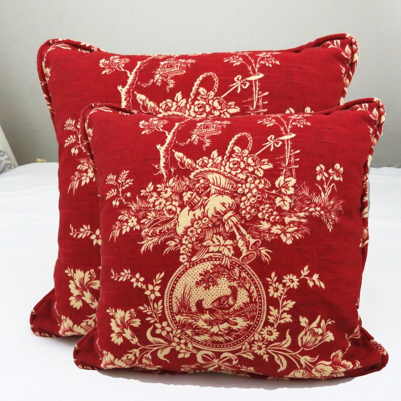 Set of 2 Waverly Square Red Toile Throw Pillow Cover With Cording Red