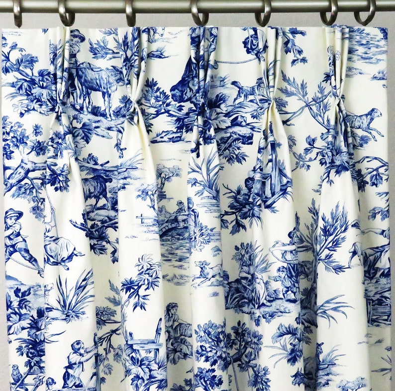 Toile Curtain Navy Blue White Panels Pinch Pleated 3 Fold Pleats Drapes Window Treatments