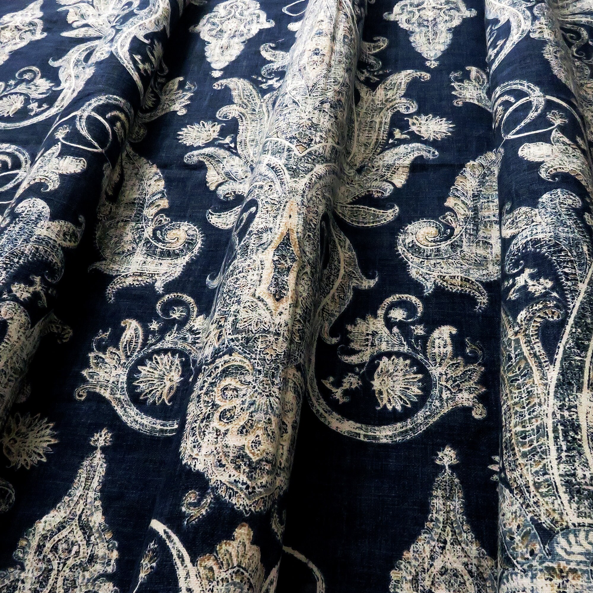 Blue and White Curtain Panels Damask Rod Pocket Window Treatments Linen Door, Custom Drapes Navy Indigo Bedroom Living Room Dining Home