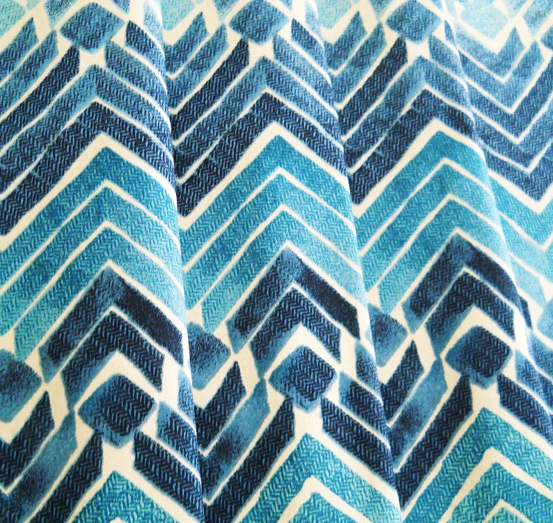 Zen Blend Indigo Nursery long Zig zag teal ivory white drapery Chevron curtains navy dark blue curtain panels Window treatments