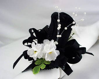 Black wrist corsage, Rose wedding party, Bridesmaid, Black and white, Bridal prom, Wristlet party, Bracelet white