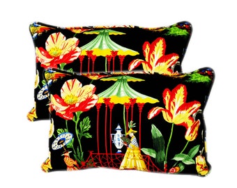 Chinoiserie Throw Pillow Covers Set of 2 Red Yellow Green Flowers Decorative Piping Cording Sofa Couch Decor Pagoda Living Room