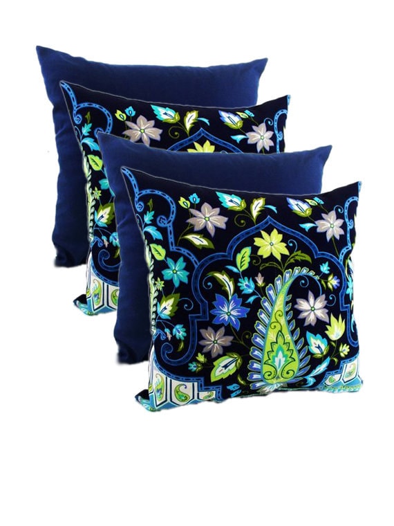 Set of 4 Alviero Lagoon Solarium Outdoor Floral Navy Blue Decorative  Pillows Sofa Couch Throw Pillow, Large Dark Accent, Cushions Decor Case 