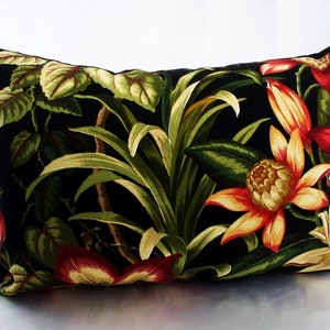 Tommy Bahama  Botanical Glow Ebony Outdoor pillow covers , Floral cushion black, Black leaf pillow, Pillow lumbar leaves floral red throw