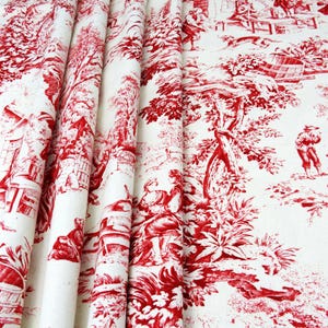 Toile Curtains Red Beige Panels, Red Print Curtains Rod Pocket Drapery Drapes, Custom Curtains Red, Bedroom Living Room Kitchen Decor