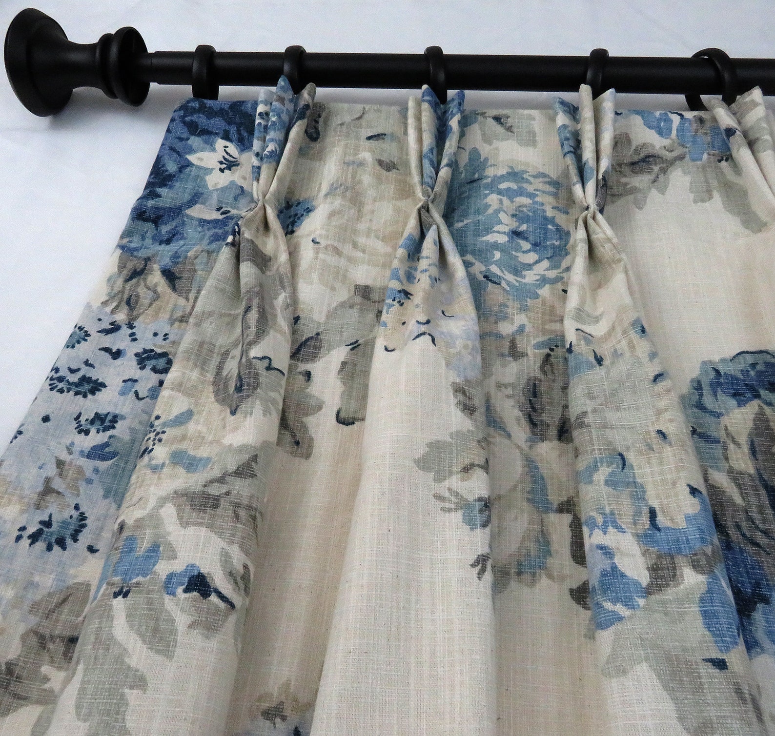 Blackout Curtains Pinch Pleat Drapes Triple Pinch Floral Blue Ivory