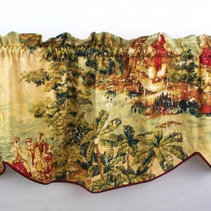 13" Long Antique Red Bosporus valance, Toile Drapery Decor Rod Pocket Scallop Floral Corded Piping Window Treatment