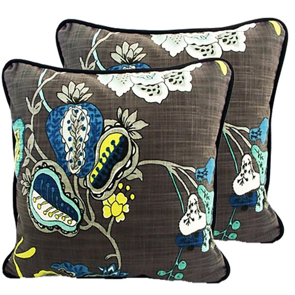 2 Grey Floral Throw Pillow Covers Set Bach Aquamarine Piping Cording Welt, Cushion shams sets, Richloom black decorative 16" 18" 20 lot sofa