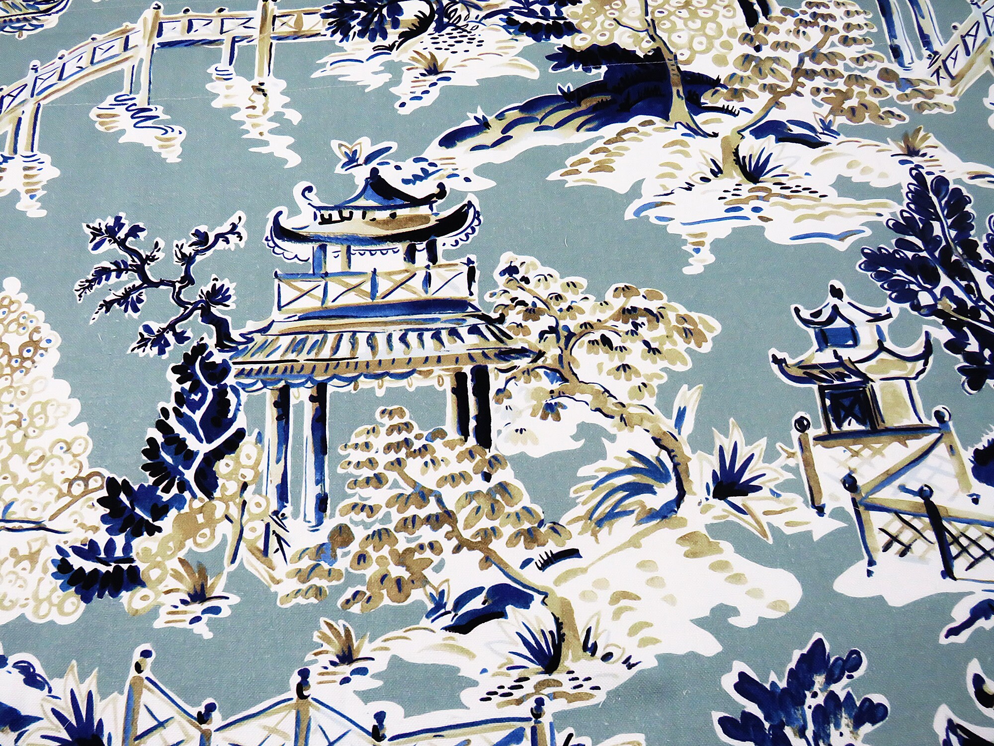 Pinch Pleat Drapes Chinoiserie Pagoda Navy Blue Gold Green Pinch Pleat Drapes Chinoiserie Pagoda Navy Blue Gold Green