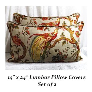 Custom Lumbar Pillow Covers, Wine Red Rust Bird Toile Print, Set of 2