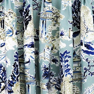 Grommet Top Curtain Panels Chinoiserie Asian Oriental Toile Print Light Blue Navy Tan, Spa Custom Drape Decor Bedroom