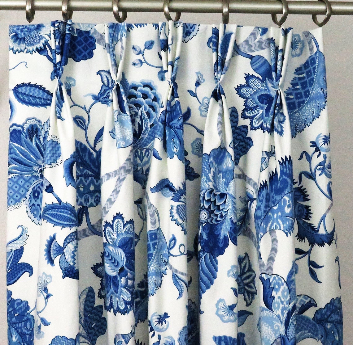 Triple Pinch Pleat Curtains Floral Blue Navy White Pinch Etsy