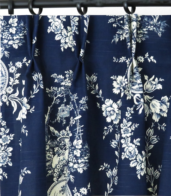 Navy Blue Drapery Panels Toile Pinch Pleated Lined Drapes | Etsy
