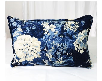 Blue Floral Lumbar Pillow Covers Navy Blue and Ivory  White Accent Decorative Piping Throw Pillowcase Cases Cobalt Garden Roses Beige Large