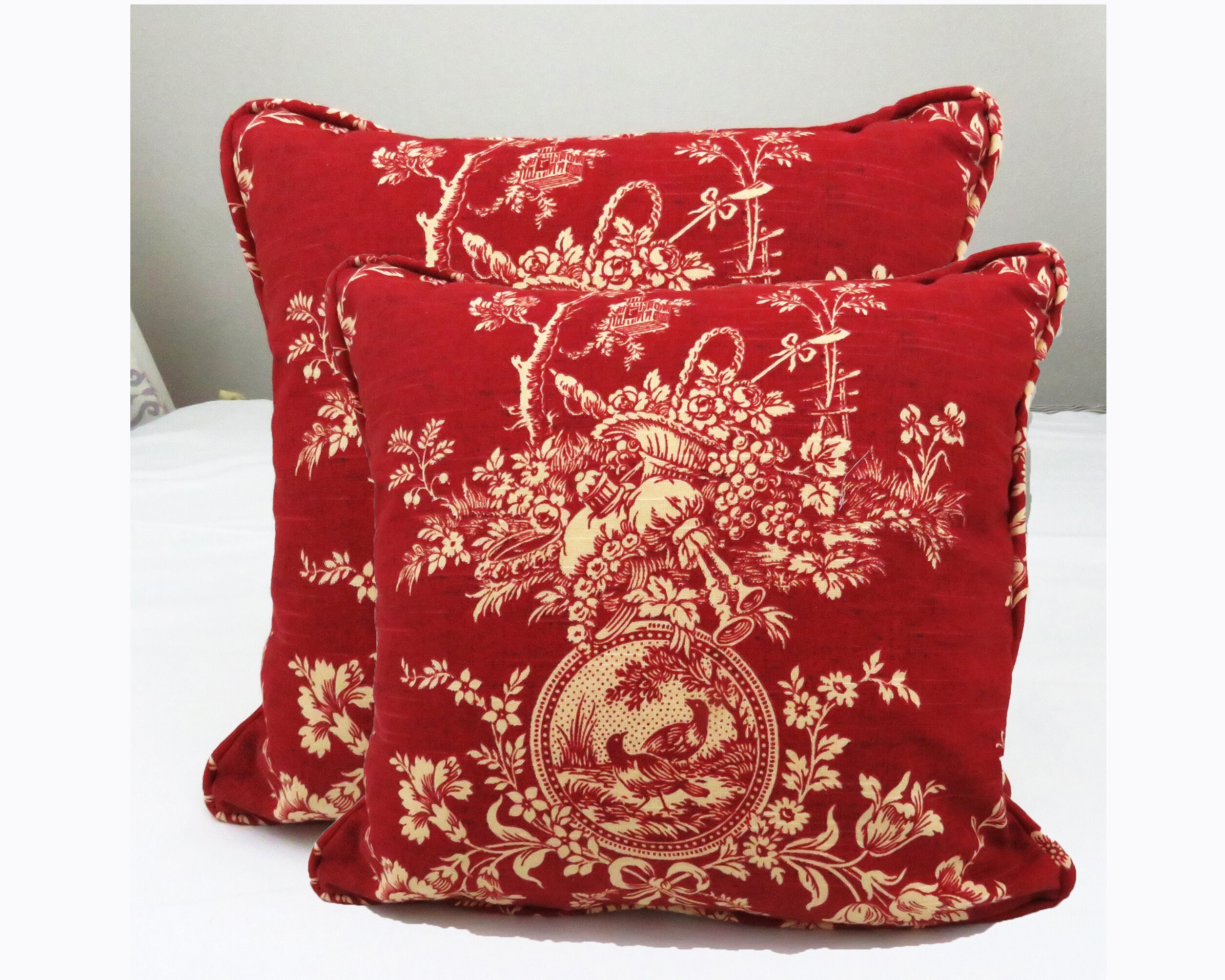 Set of 2 Waverly Square Red Toile Throw Pillow Cover With Cording Red
