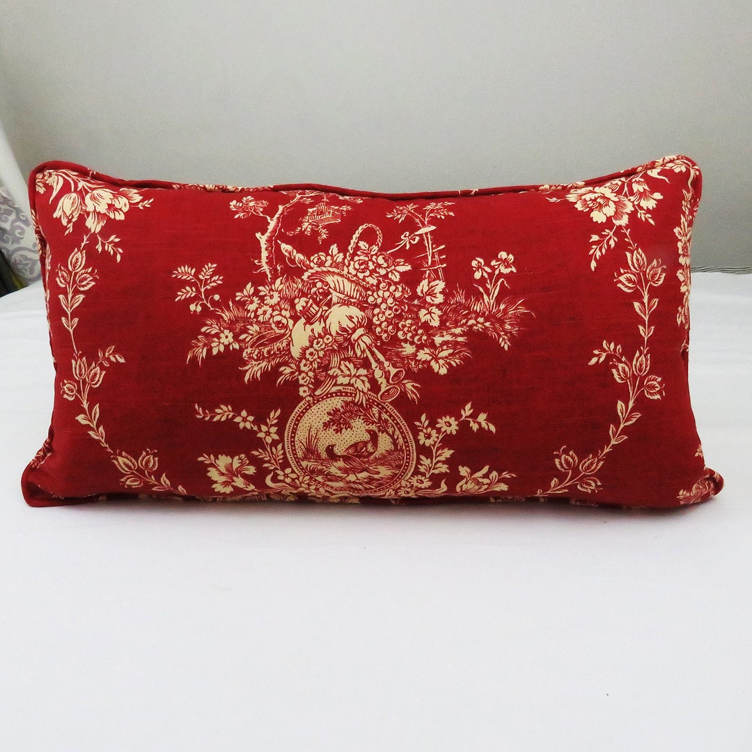 Waverly Lumbar Red Toile Throw Pillow Cover With Cording Red Long