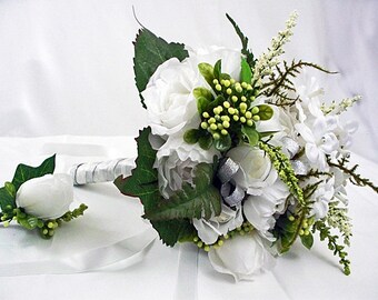 White Bridal Bouquet Silk Wedding Roses Set package, Silk Flowers Sets Decoration Bridesmaid