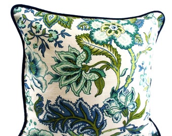 Decorative throw pillows covers botanical floral pillow cushions, Crawford Azure, Green leaves square rectangles blue 16" 18" 20" 22" sofa