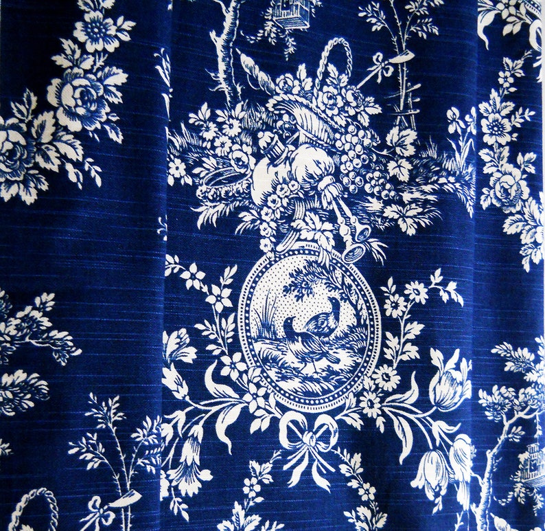 Navy Floral Blue Valance Country House French, Navy Linen Window Valance, Kitchen Living Room