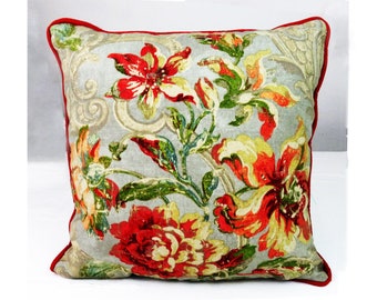 Floral Pillow Cover, Red Flowers, Gold Accent Decor, Piping Detail