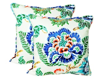 Extra Large Set of 2 Throw Floral Pillow Covers Blue Green Leaves Cushion Covers Accent Decorative Shams Piping Decor  20" 22" 24" 26"