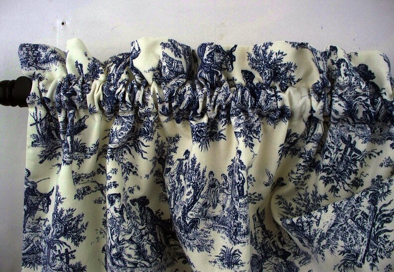 Valance Curtain Navy Blue and White Waverly Rustic Toile Scallop Piping