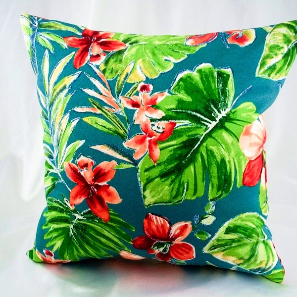 Tropical green pillow cover red decorative floral outdoor, Patio furniture accent flowers leaves porch chair sofa wicker garden cushions