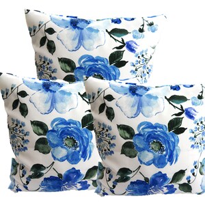 Set of 3 blue royal flower throw pillow covers sets, Patio floral outdoor Package decor toss white pillowcases cases shams cushions accents