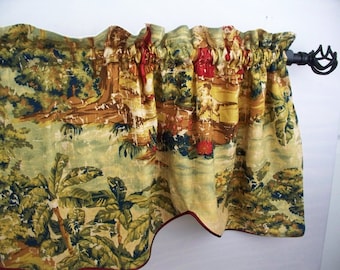 Toile Valance Panel Pair, Red & Gold Window Treatment